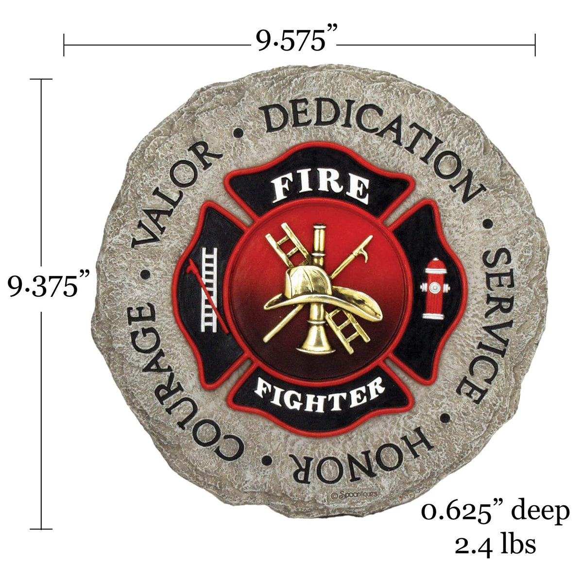 Spoontiques firefighter stepping stone on patio demonstrates durable outdoor décor.