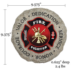 Spoontiques firefighter stepping stone on patio demonstrates durable outdoor décor.