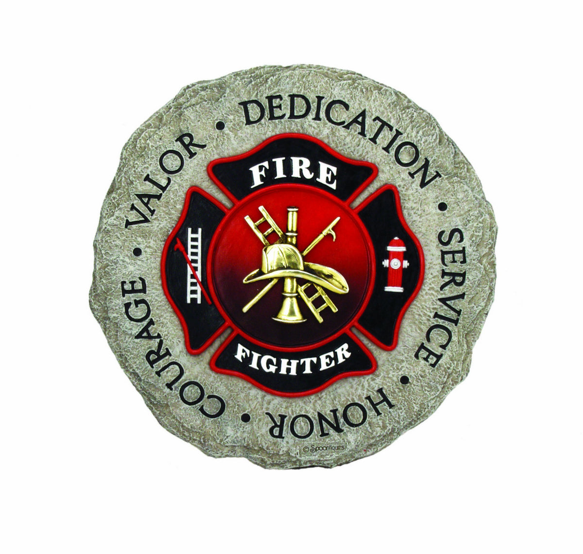 Spoontiques firefighter stepping stone in the garden adds welcoming curb appeal.
