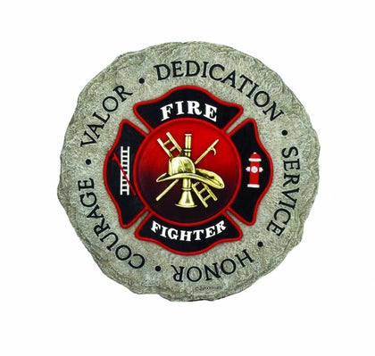 Spoontiques firefighter stepping stone in the garden adds welcoming curb appeal.