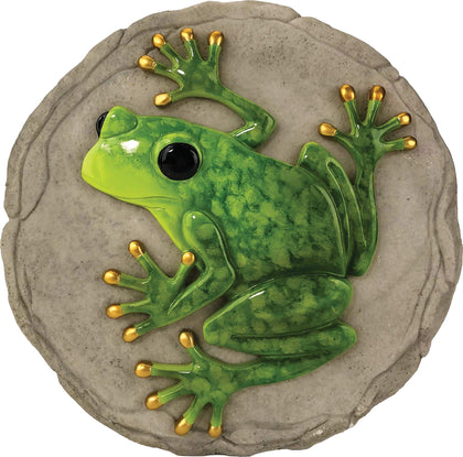 Spoontiques raised frog stepping stone welcomes guests in outdoor garden spaces.