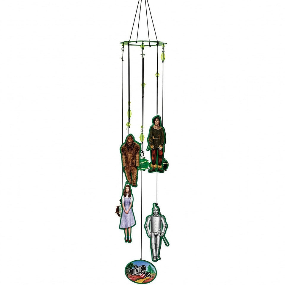 Spoontiques Wizard of Oz wind chime hanging in sunlit garden adds whimsical yard decor.