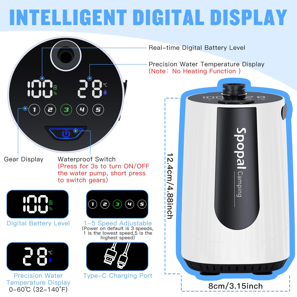 Spopal 10000mAh battery powering long, quiet outdoor showers