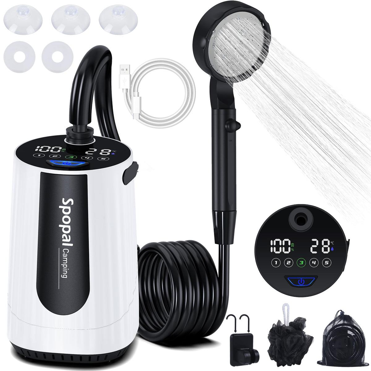 Spopal portable shower with stand for easy camping setup and stability