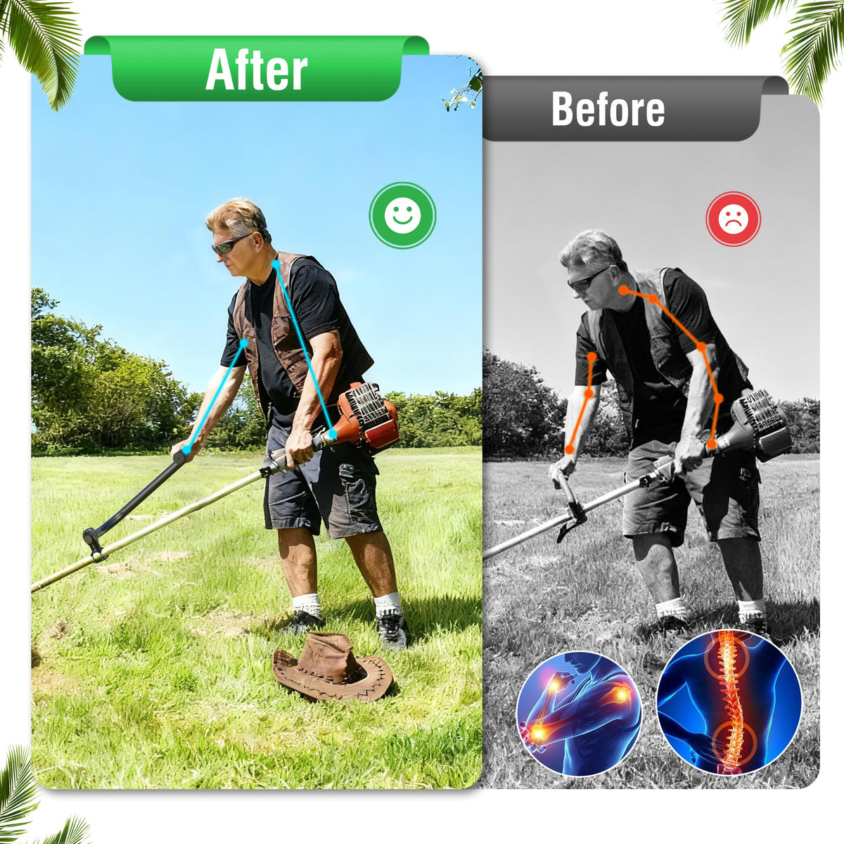SporGain upgraded weed eater handle in use illustrating upright trimming posture