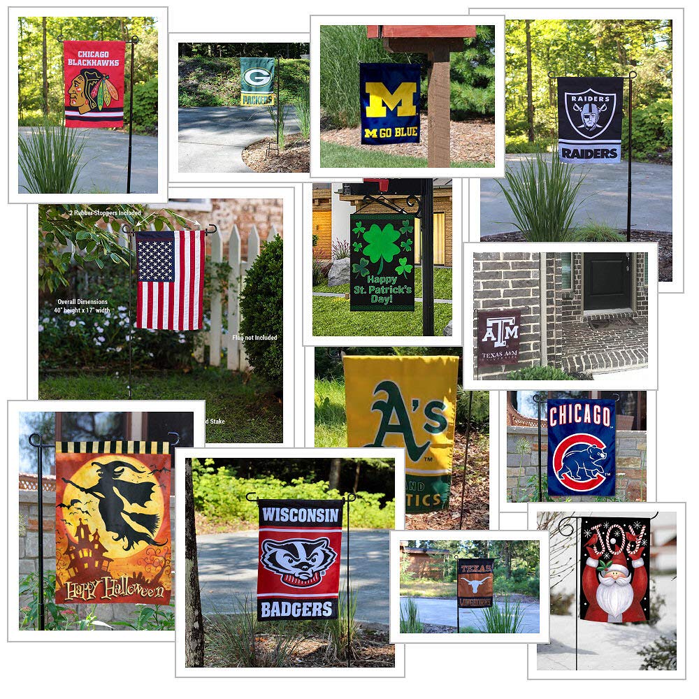 Outdoor-ready garden flag stand positioned along a garden path