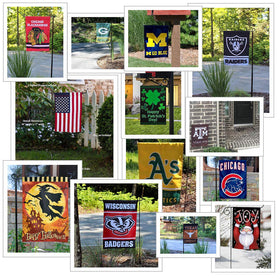 Outdoor-ready garden flag stand positioned along a garden path