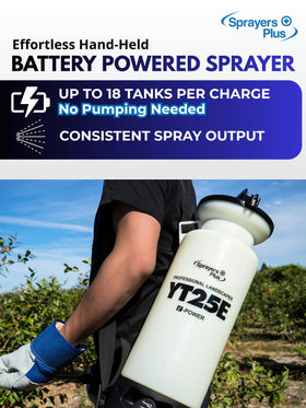 Sprayers Plus YT25E 12V lithium-ion battery powers continuous spraying across large lawns.