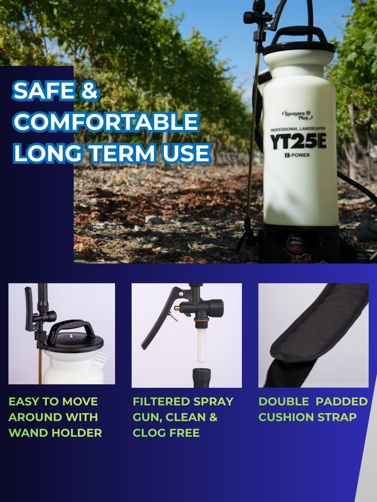 Sprayers Plus YT25E padded shoulder strap supports comfortable extended use.