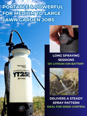 Sprayers Plus YT25E 2-gallon capacity reduces refills during a complete lawn care session.