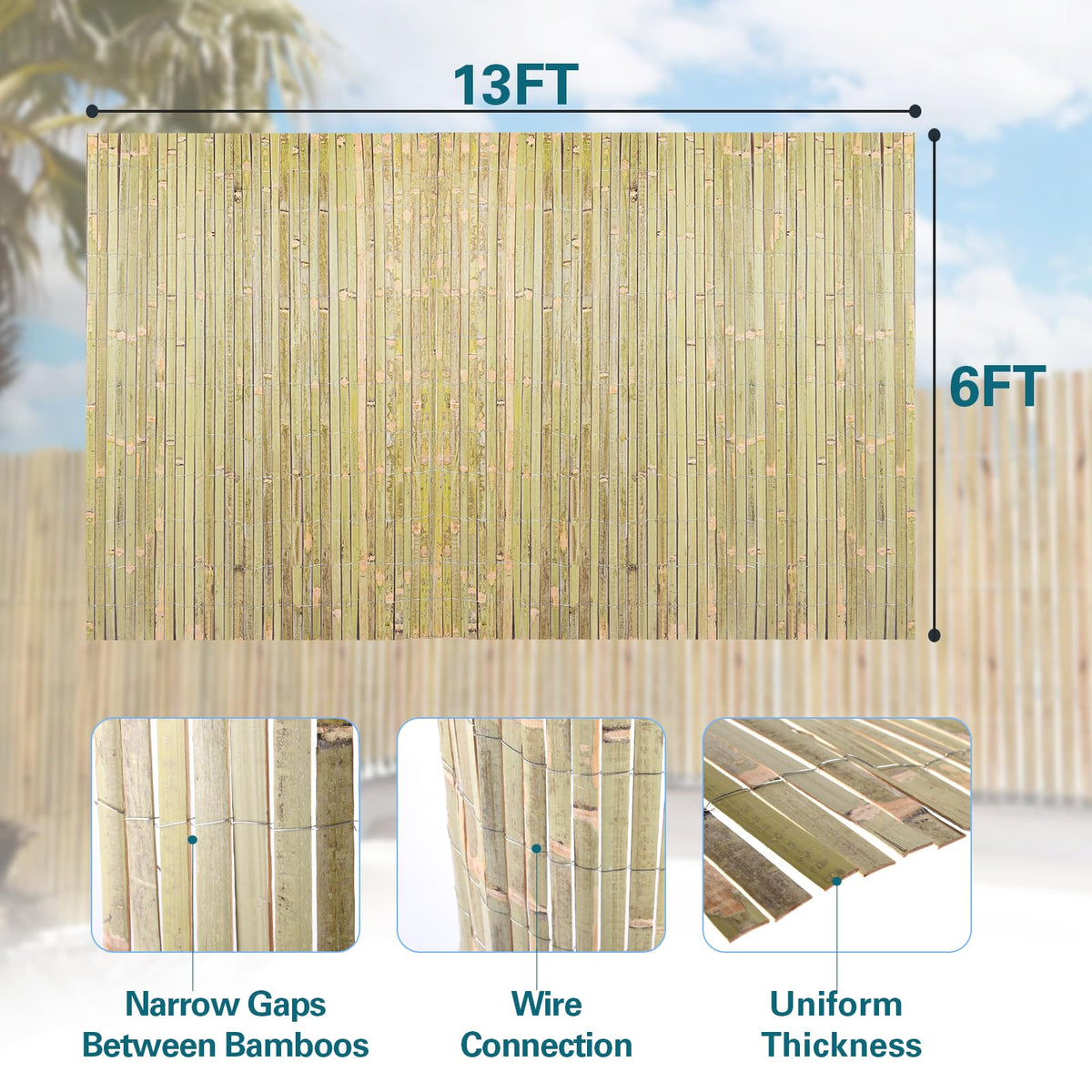 Sprigra bamboo slat fence privacy screen closeup shows narrow gaps.