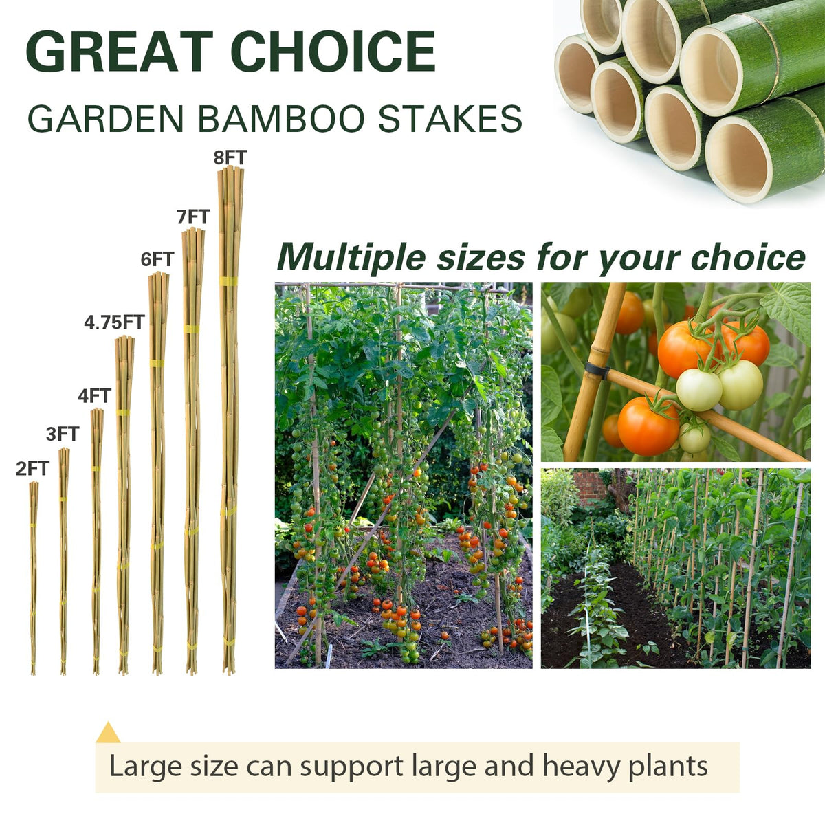 Sprigra bamboo stakes natural finish blends with garden scenery.