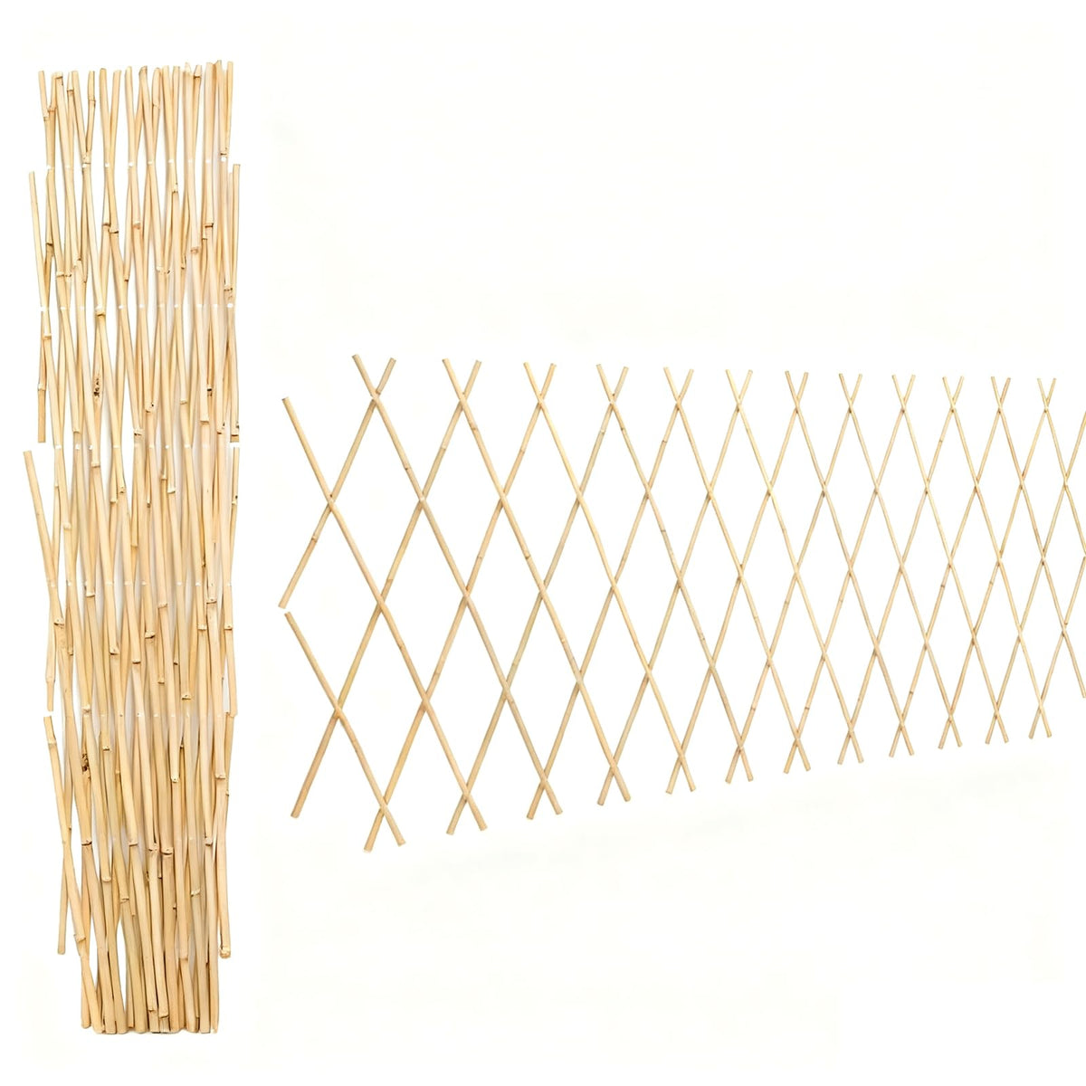 Sprigra bamboo trellis expanded wide for climbing plants in an outdoor garden.