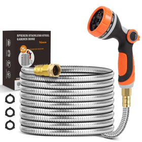 SPRIKIR 25ft metal garden hose bends around corners for easy reach.