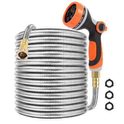 SPRIKIR metal hose 50 ft coiled for easy storage and sturdy outdoor watering.