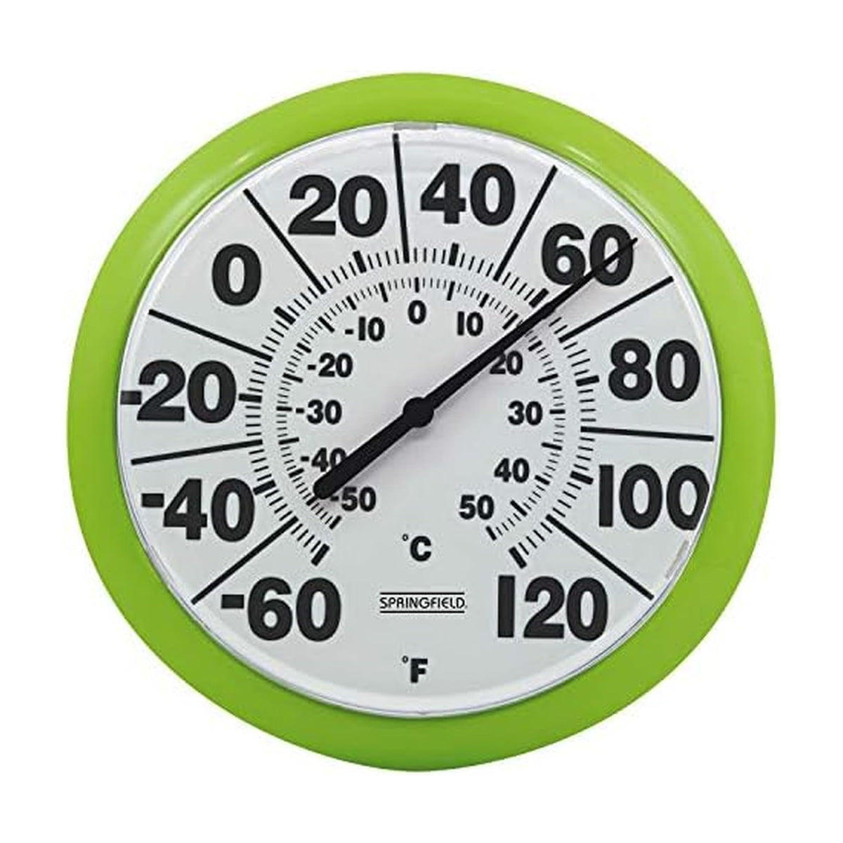 Springfield 8-inch indoor outdoor dial thermometer with bold numbers for easy reading.