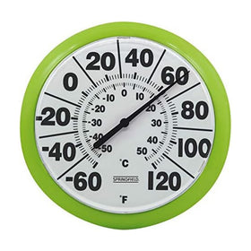 Springfield 8-inch indoor outdoor dial thermometer with bold numbers for easy reading.