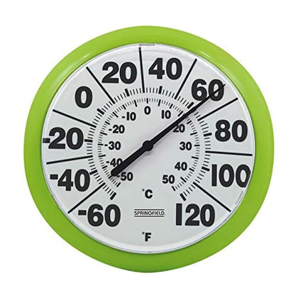 Springfield 8-inch indoor outdoor dial thermometer with bold numbers for easy reading.