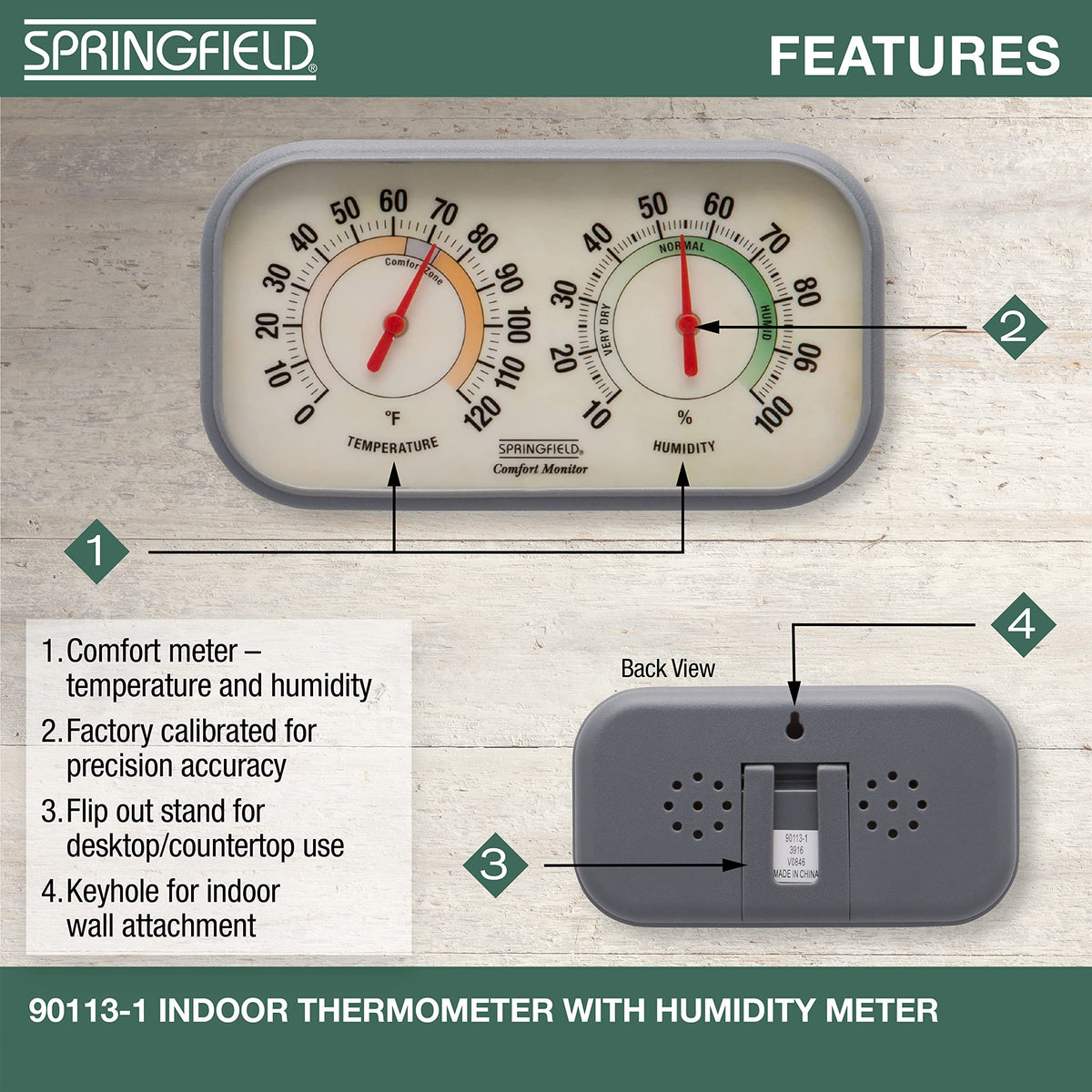 Springfield Color Track hygrometer scale showing humidity range for nursery comfort.