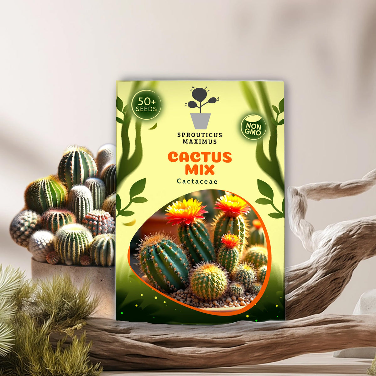 Sprouticus Maximus Seeds Cactus Mix assortment shapes for diverse indoor containers.
