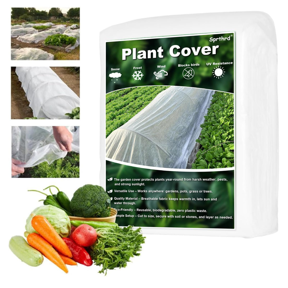 Sprthrd floating row cover draped over seedlings for frost protection and airflow.