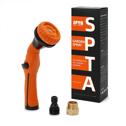 SPTA hose nozzle showing eight spray patterns for versatile watering