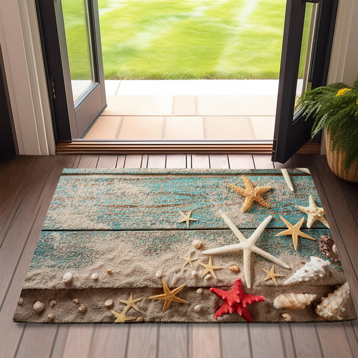 SPUNKER Beach Seashell Starfish Doormat in blue greets guests at entry
