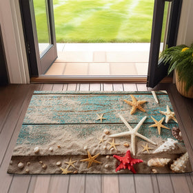 SPUNKER Beach Seashell Starfish Doormat in blue greets guests at entry