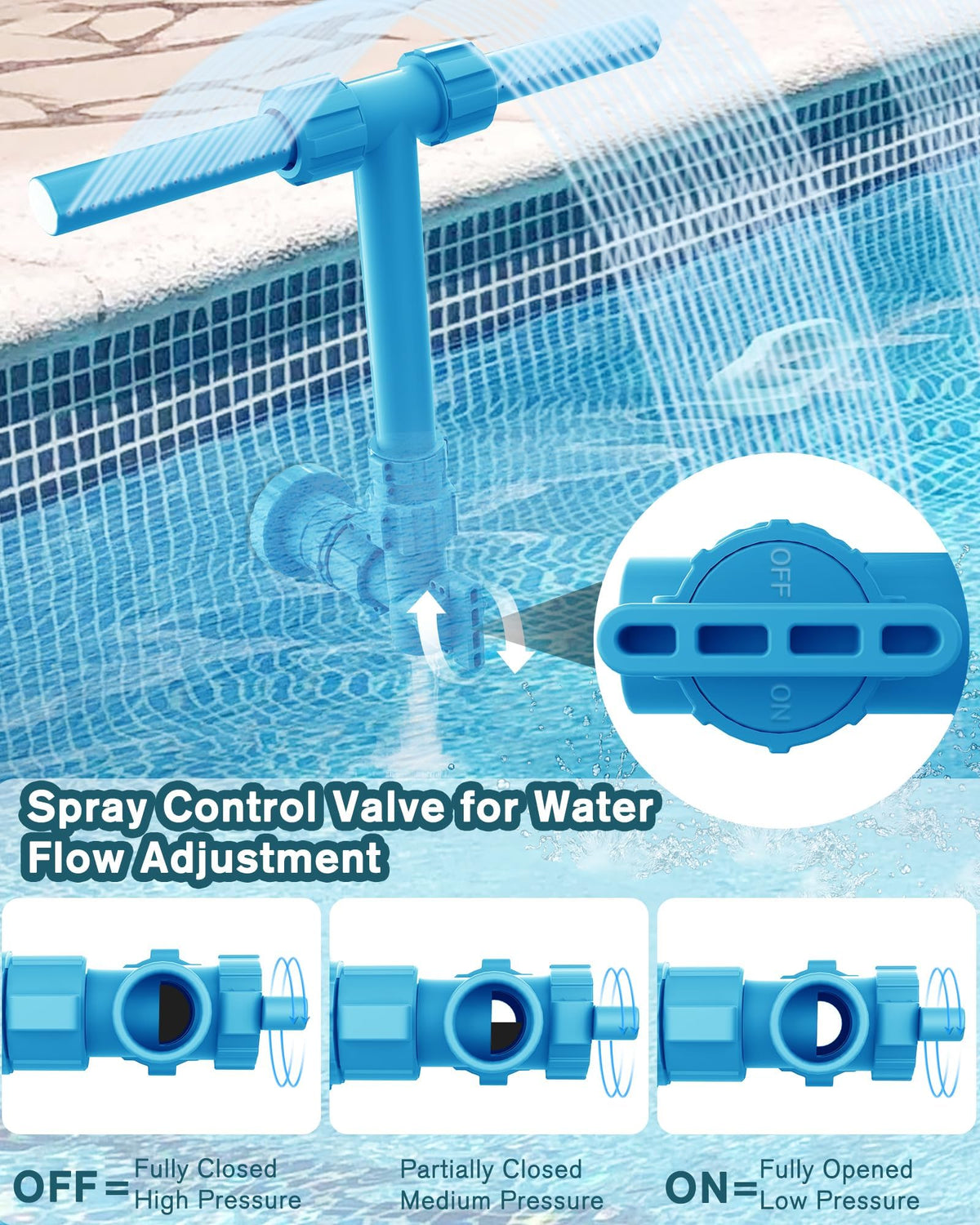 Spyong Pool Fountain pressure adjustable nozzle enables customizable spray height and ambiance.