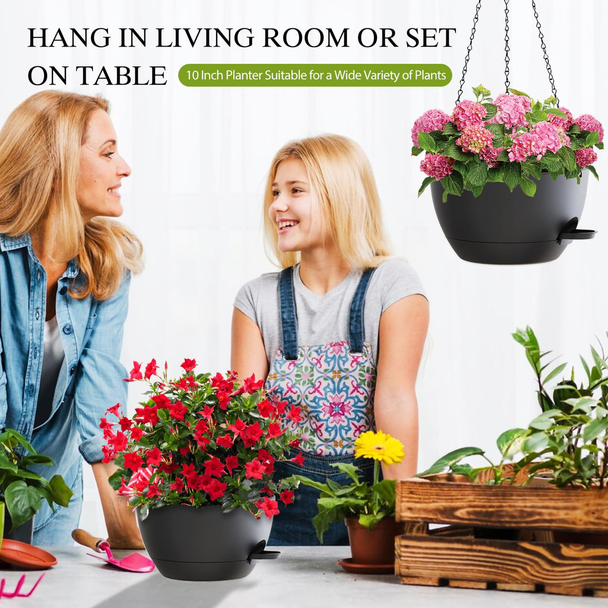 SQKH two-pack includes planters and chain racks for easy mounting.