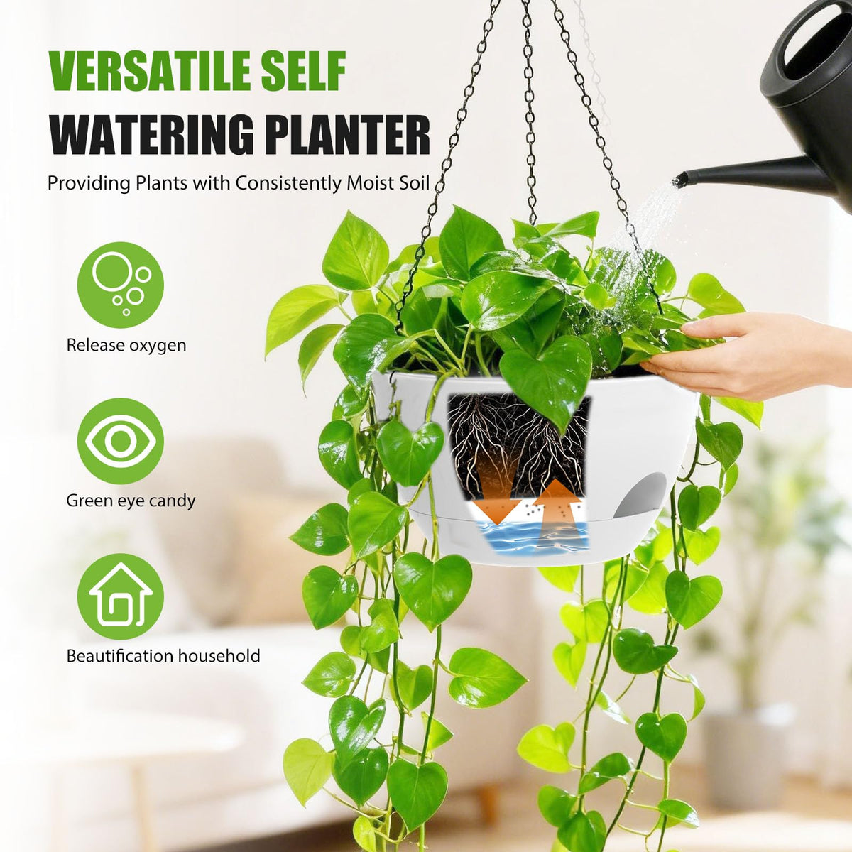 SQKH self-watering compartment close-up showing efficient hydration for roots.