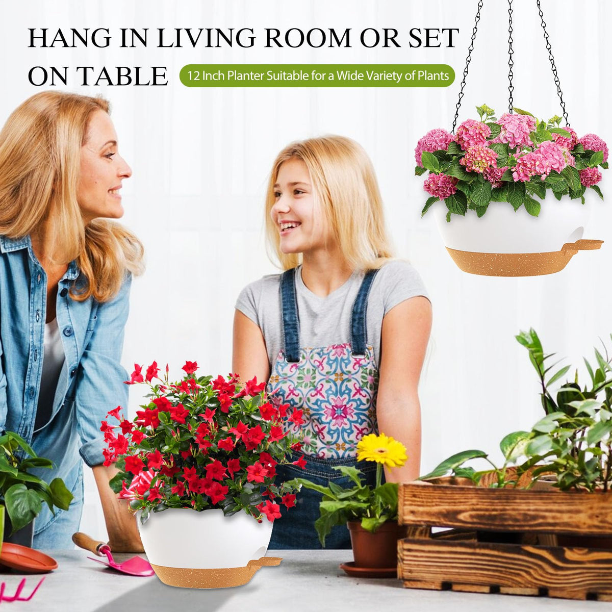 SQKH 2-pack hanging pots with chains enables versatile balcony or garden setups.