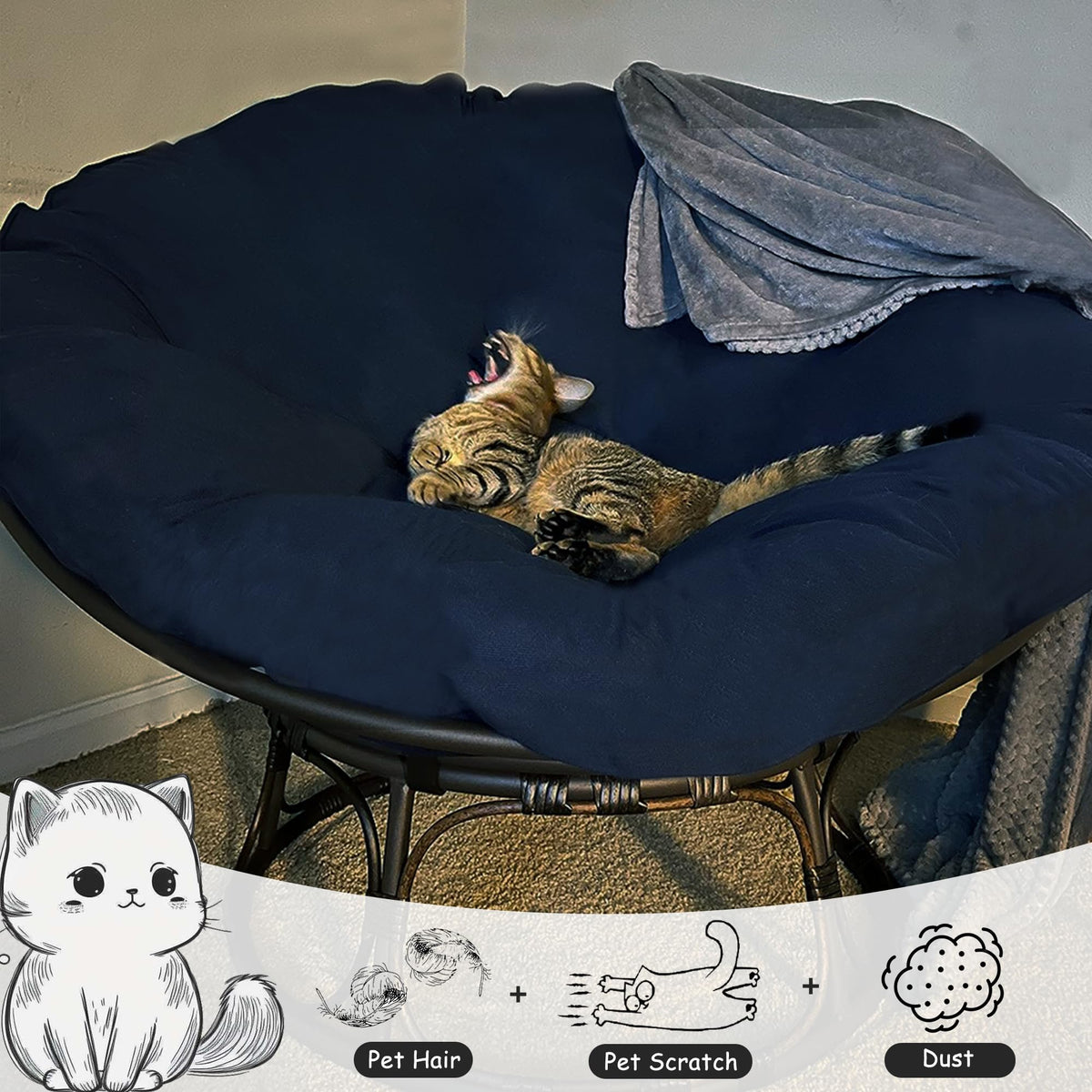 Sqodok Papasan blue cover with straps keeps cushions securely positioned during use