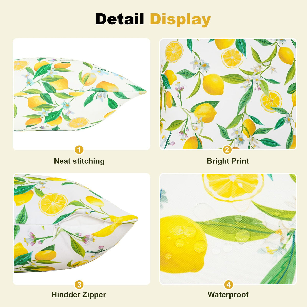 SquarePie lemon pillow cover 18x18, waterproof fabric for poolside lounging.