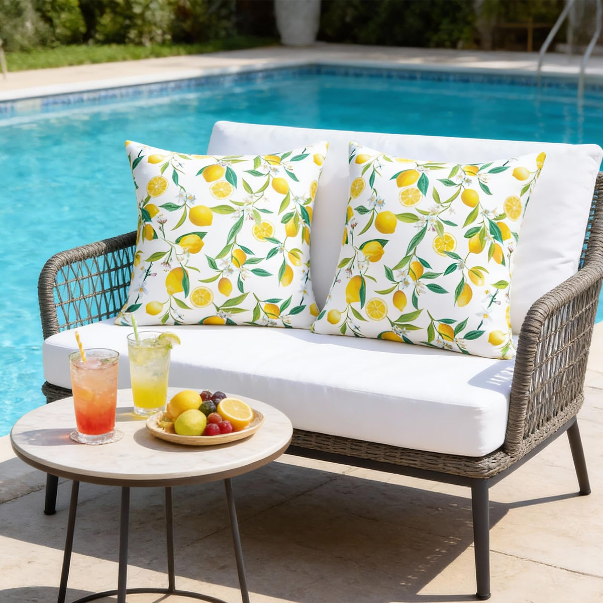 SquarePie patio garden pillow cover enhances outdoor seating with cheerful color.