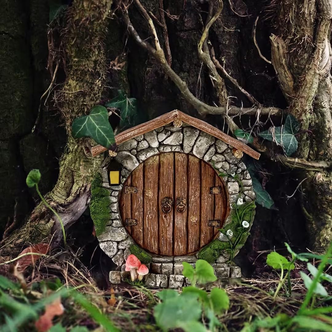 SquarezhenBo brown fairy doors in a cozy garden scene.