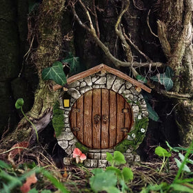 SquarezhenBo brown fairy doors in a cozy garden scene.