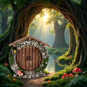 SquarezhenBo brown fairy doors mounted on tree for imaginative outdoor play.