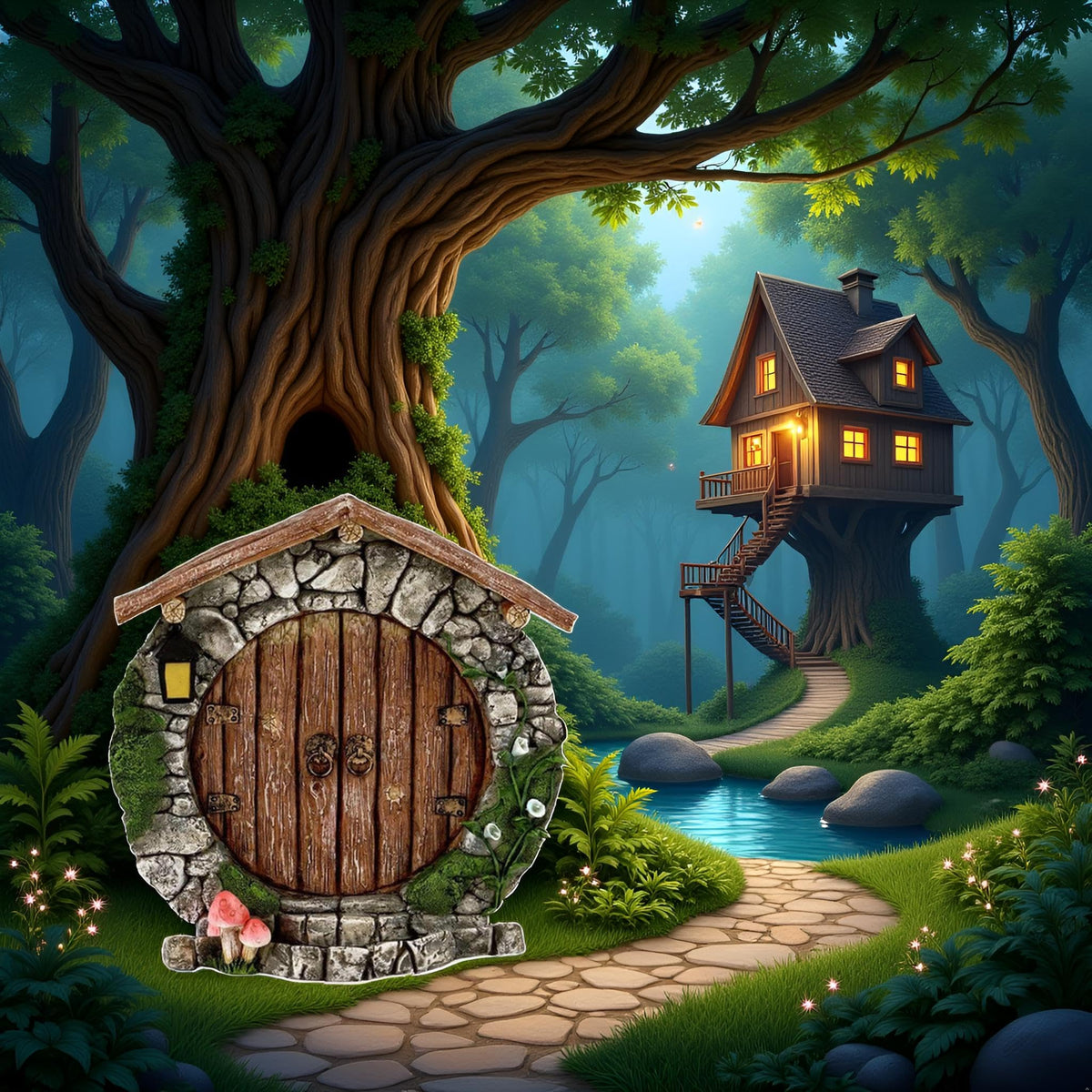 SquarezhenBo brown fairy windows mounted for garden sculptures and whimsical scenes.