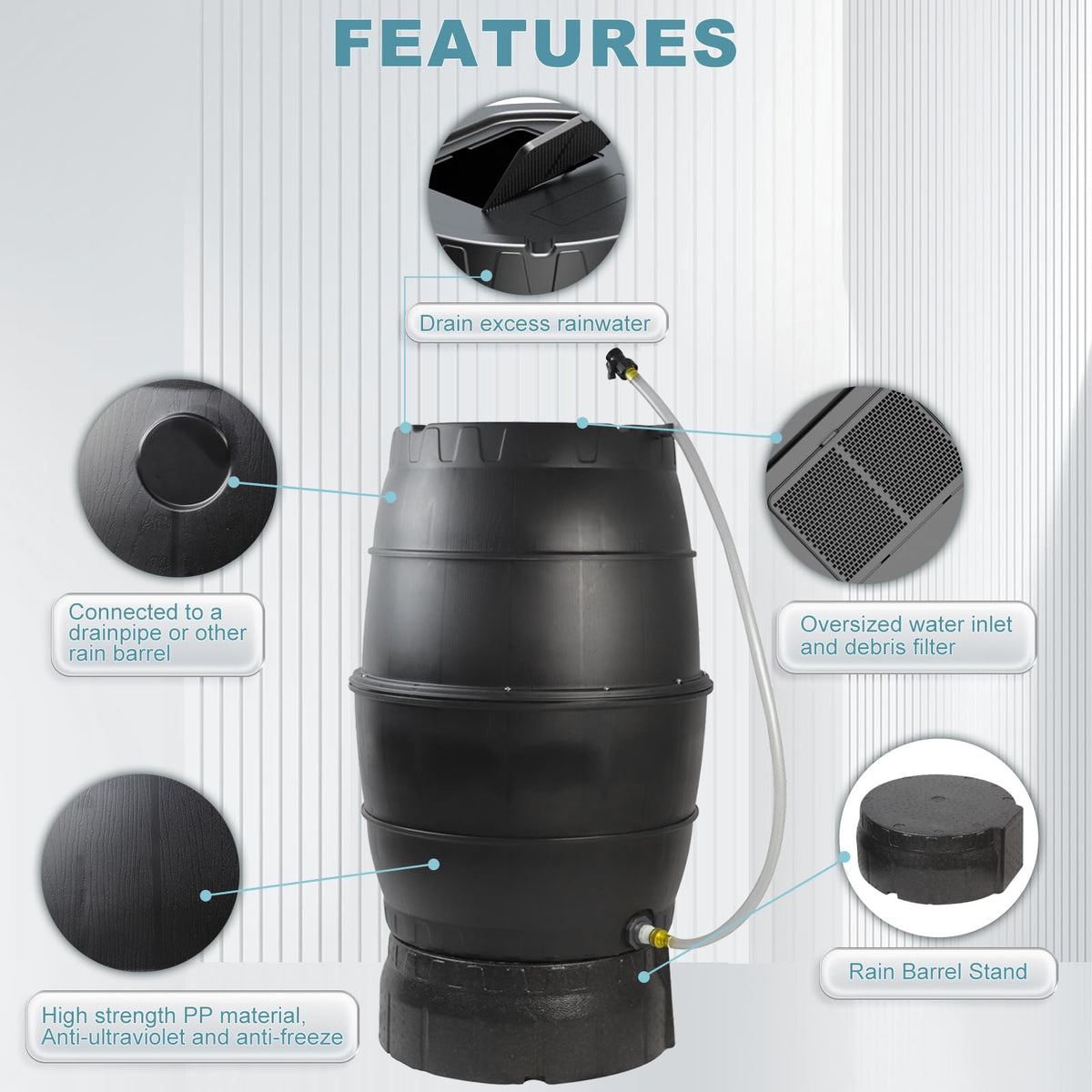 SQUEEZE master rain barrel showing side outlet hose for easy watering