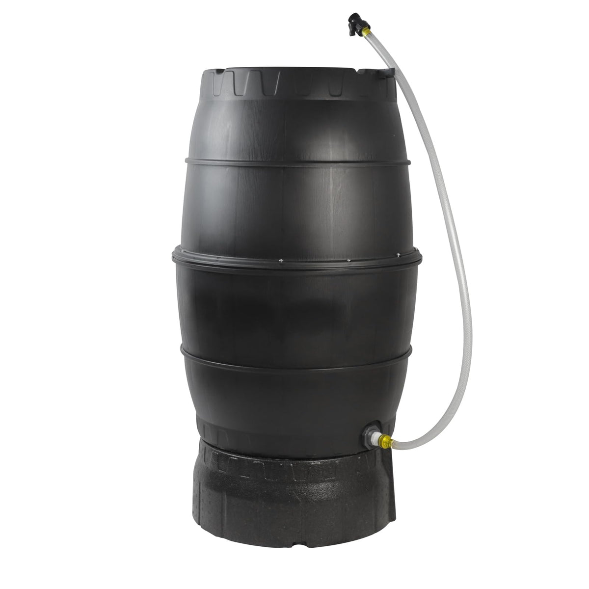 SQUEEZE master 50-gallon rain barrel top view with flatback design for neat garden water storage