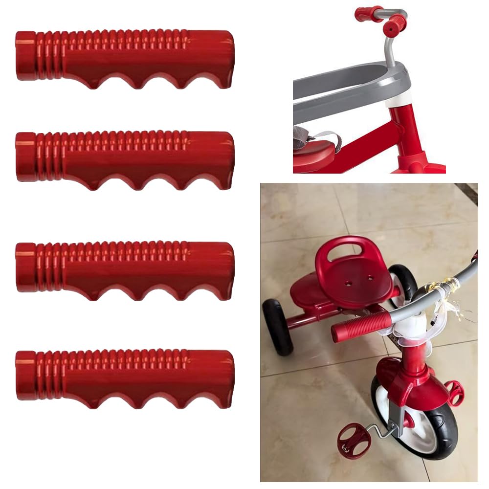 Red SquEqu grips installed on a tricycle handlebar for visibility.