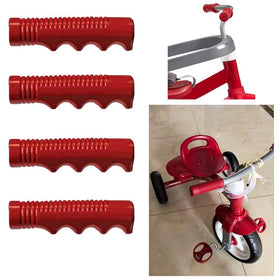 Red SquEqu grips installed on a tricycle handlebar for visibility.