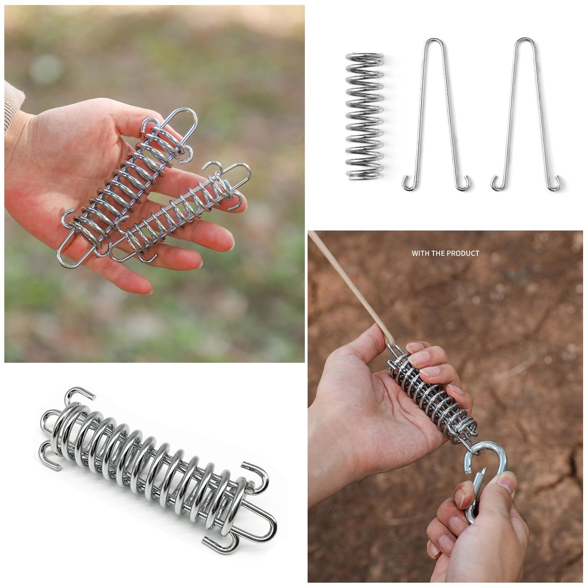 SquEqu tent cord tensioner in use provides steady stake security.