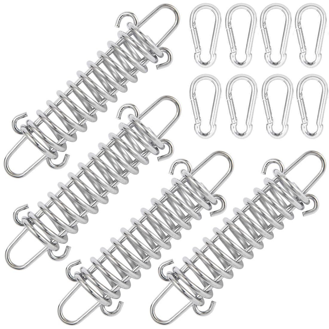SquEqu tent spring buckle with hook closeup in stainless steel for durable camping connections.