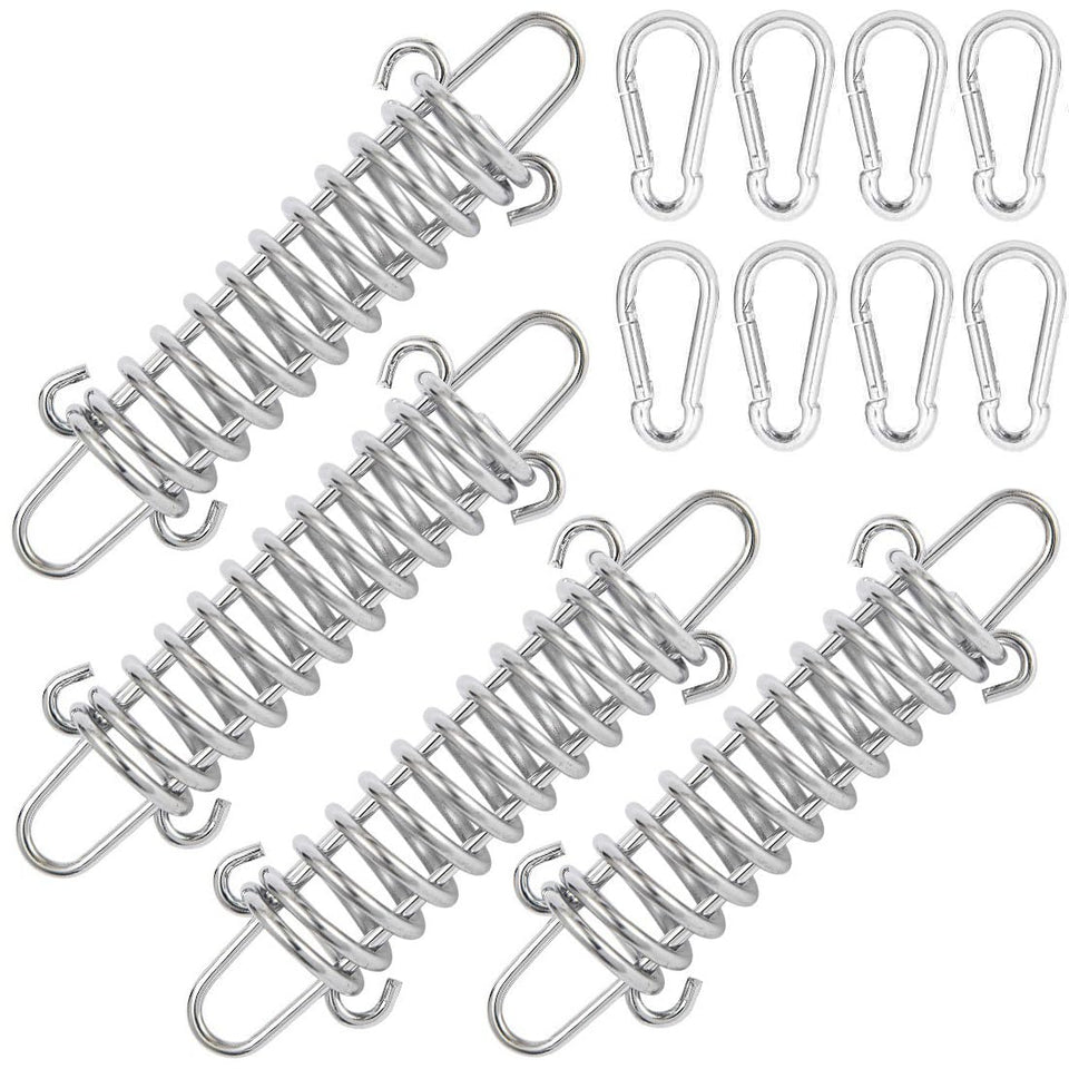 SquEqu tent spring buckle with hook closeup in stainless steel for durable camping connections.