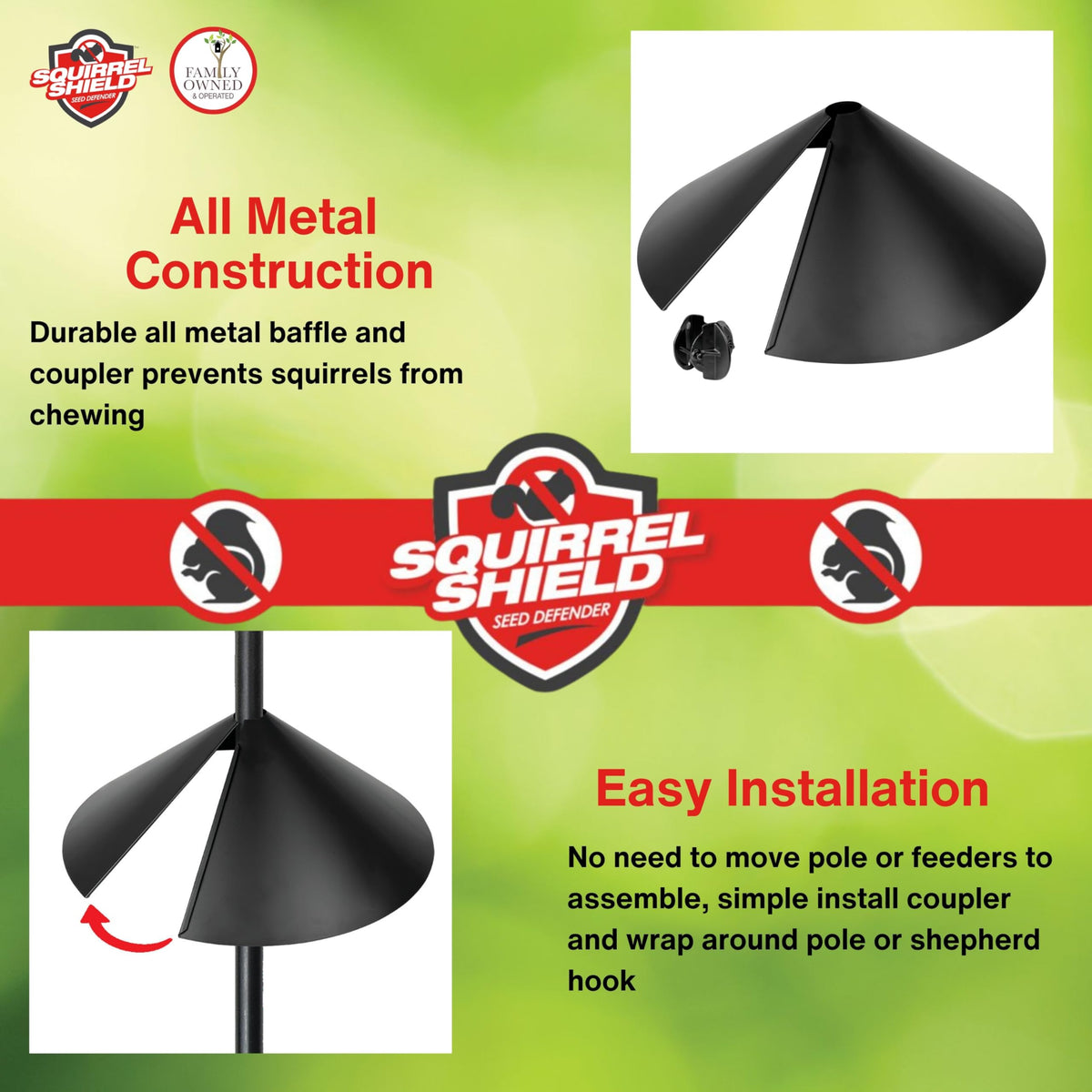 Squirrel Shield bird seed protection with feeder secured by the baffle.