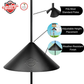 Squirrel Shield universal pole compatibility fits 1/2–1.5 inch poles.