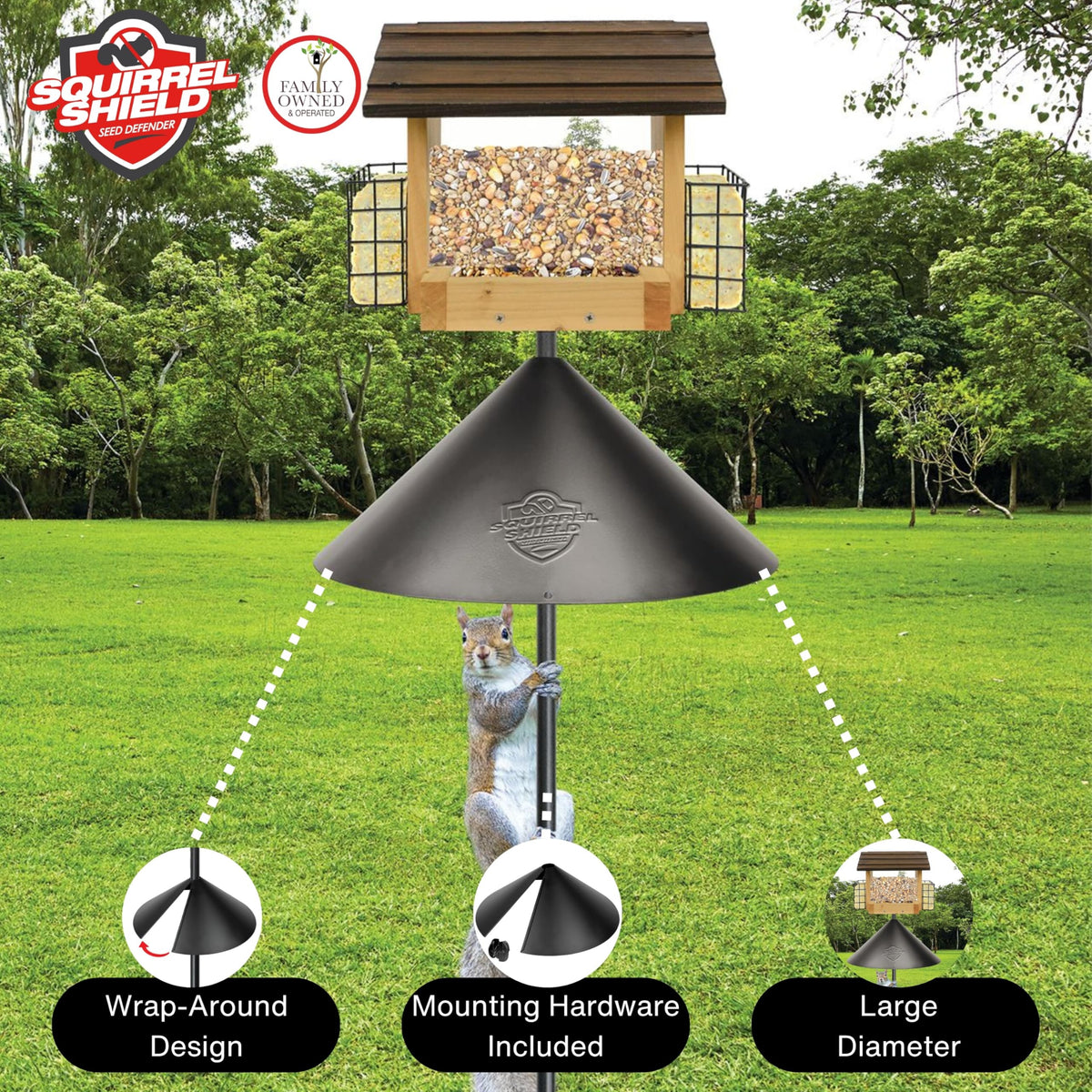 Squirrel Shield weather-durable materials highlight steel construction and finish.