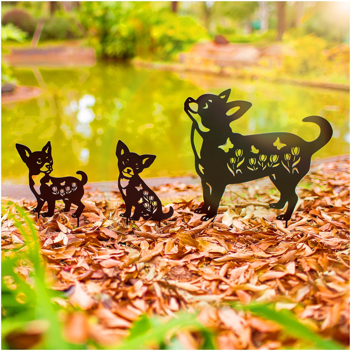 SRDJXY Chihuahua garden stake sits proudly on the lawn